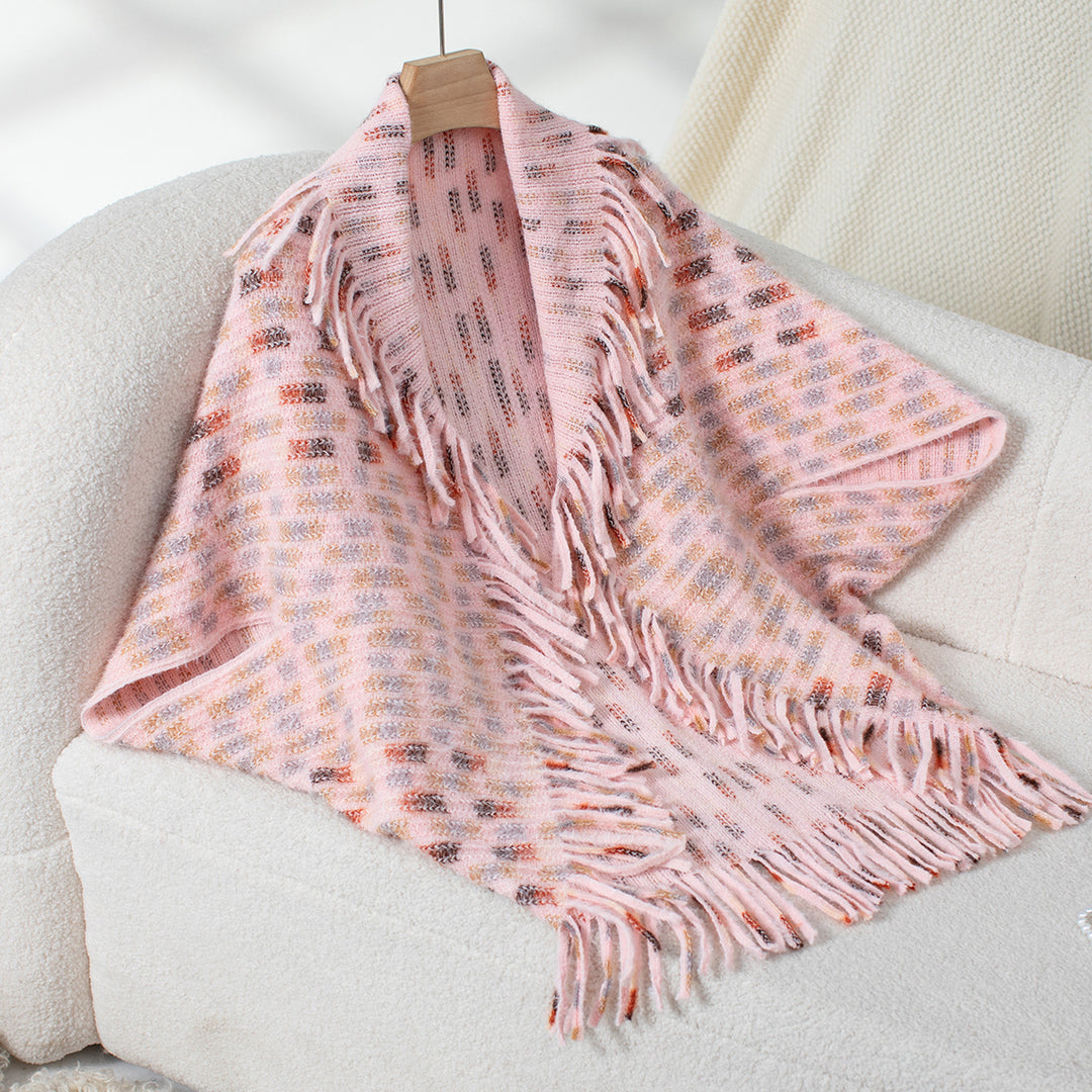 Damen eleganter Poncho mit fransigen Details und modernem Karomuster R&B