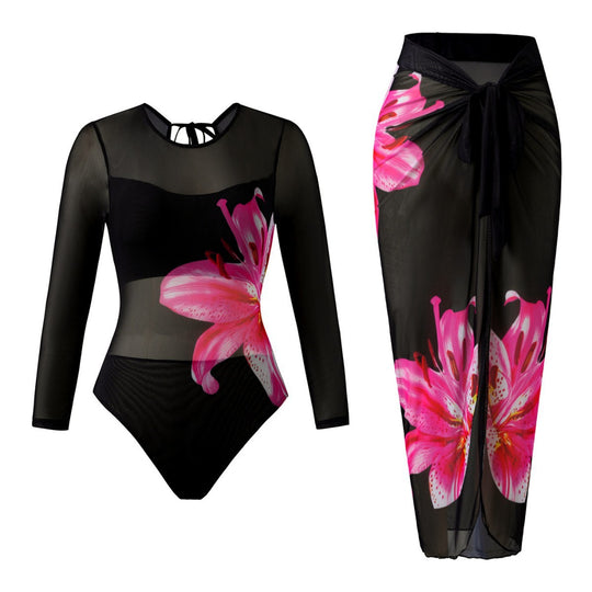 Damen Eleganter Badeanzug mit langem Arm und transparente Wickelrock R&B