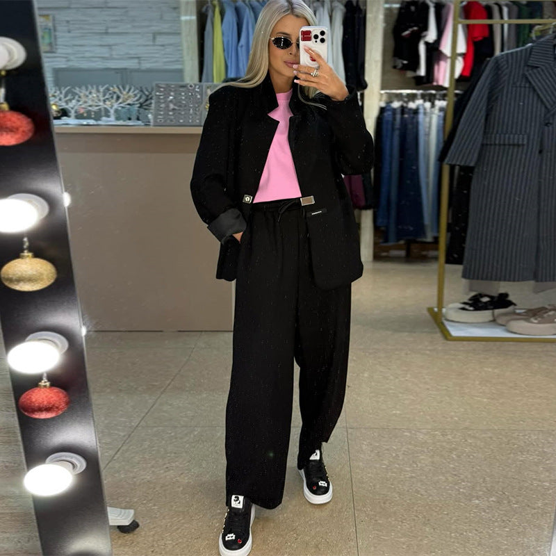 Damen lässige Sweater-Blazer-Kombination mit weit geschnittenen Hosen R&B