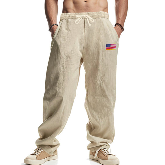Herren nan lockere Baumwoll-Leinen Freizeithose mit elastischem Bund Kordelzug und dezenter Flaggen-Applikation R&B