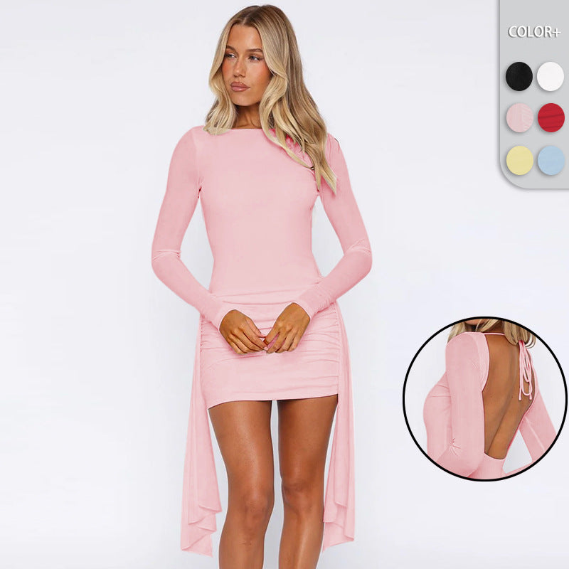 Damen elegantes Wickelkleid mit asymmetrischem Saum und langen Ärmeln R&B
