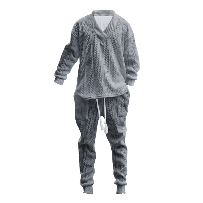 Herren nan komfortables Kabelstrick-Set mit tiefem V-Ausschnitt, Kordelzug-Jogger und Bündchen R&B