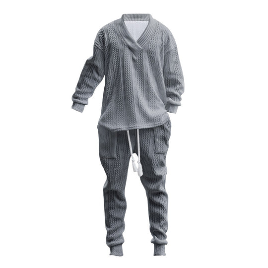 Herren nan komfortables Kabelstrick-Set mit tiefem V-Ausschnitt, Kordelzug-Jogger und Bündchen R&B