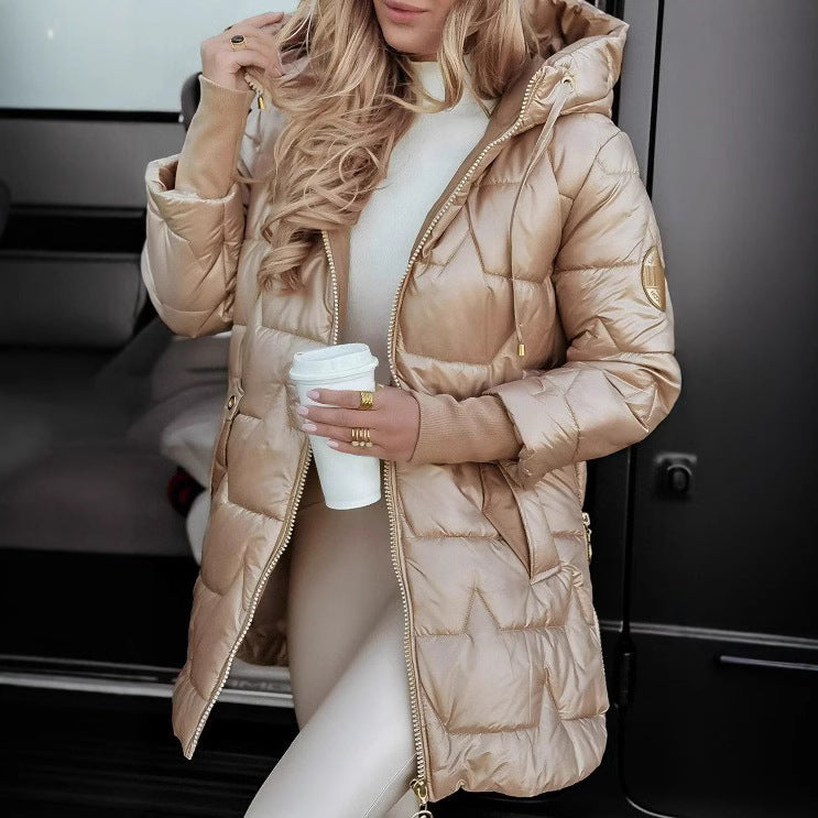 Damen Lange Steppjacke mit Kapuze und praktischen Taschen R&B