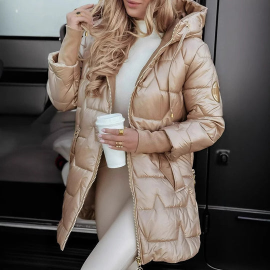Damen Lange Steppjacke mit Kapuze und praktischen Taschen R&B