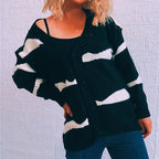 Damen gestreifte Strickjacke mit Knopfverschluss und weitem Schnitt R&B