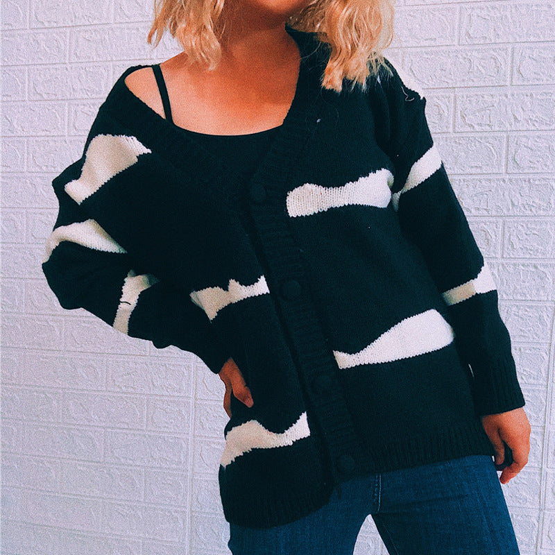 Damen gestreifte Strickjacke mit Knopfverschluss und weitem Schnitt R&B