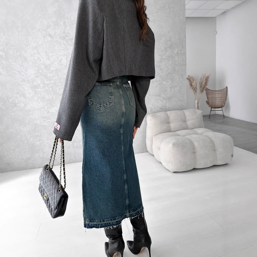 Damen Jeansrock mit hohem Schlitz im modernen Used-Look R&B