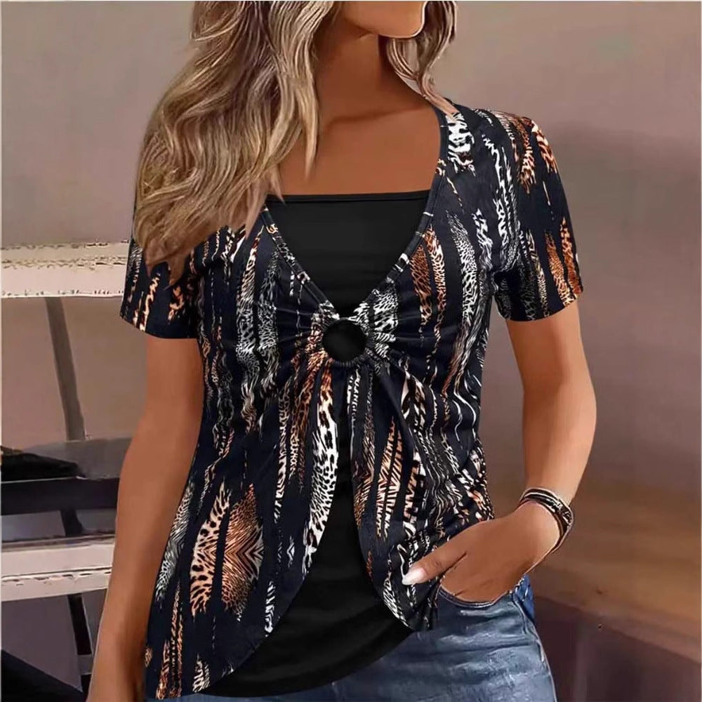 Damen lässiges Oberteil mit modischem Knotendetail und animalischem Print R&B