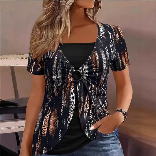 Damen lässiges Oberteil mit modischem Knotendetail und animalischem Print R&B