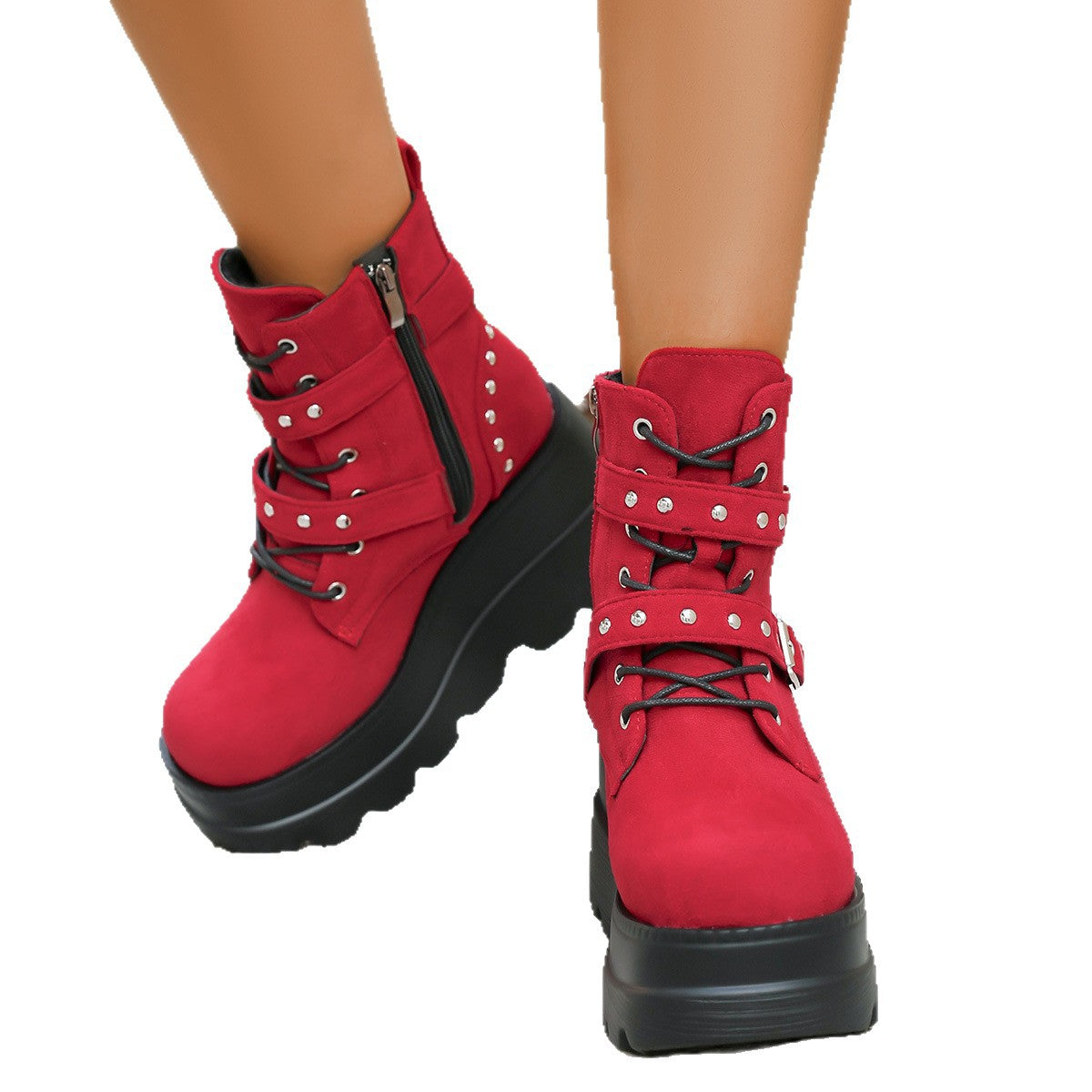 Damen Wedge-Stiefel mit modischen Schnallen und robustem Plateau R&B