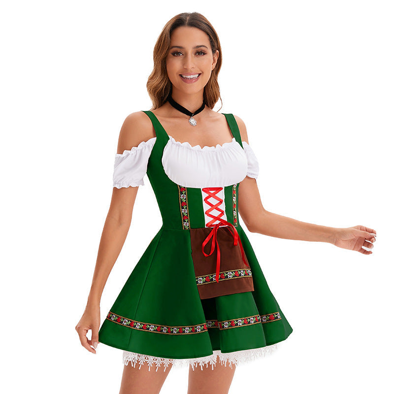 Damen nan kurzes Trachtenkleid im Dirndlstil mit Schnürung, schulterfreiem Carmen-Ausschnitt und Zierschürze R&B