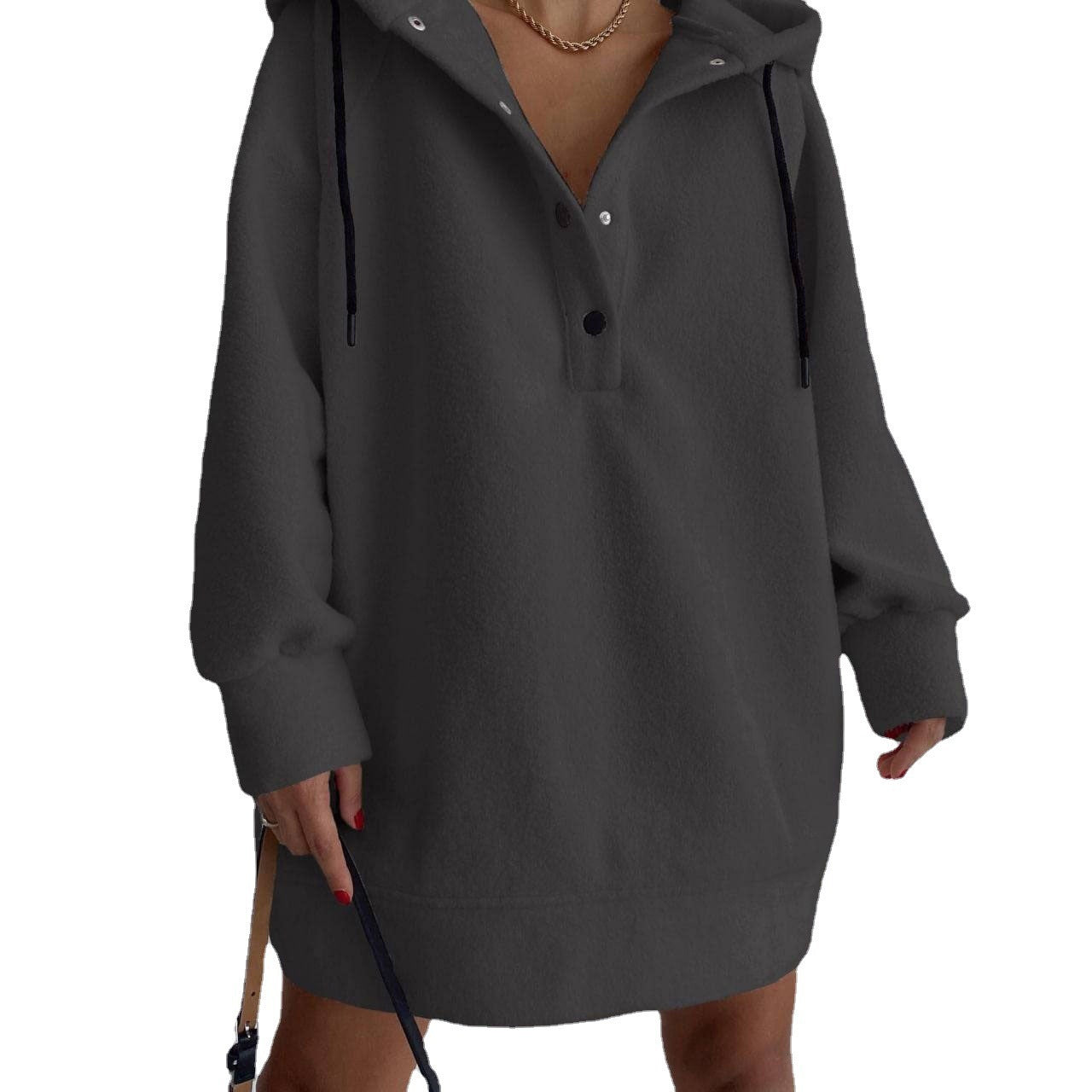 Damen nan kuscheliges Kapuzen-Fleece-Tunika-Sweatshirt mit Druckknopfleiste und überschnittener Schulter R&B