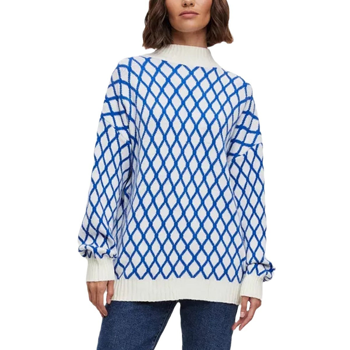 Damen lässiger Pullover mit modernem Rautenmuster und lässigem Schnitt R&B