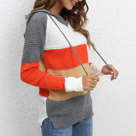 Damen Pullover mit lässigem Kapuzen-Design und einzigartigem Streifenmuster R&B