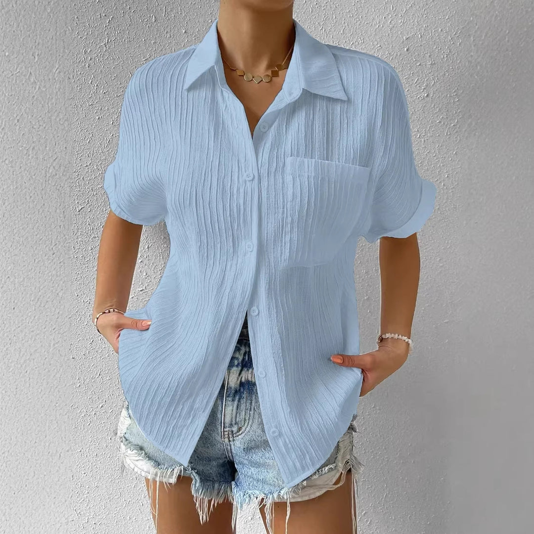Damen lässige kurzärmlige Bluse mit Struktur und Brusttasche R&B
