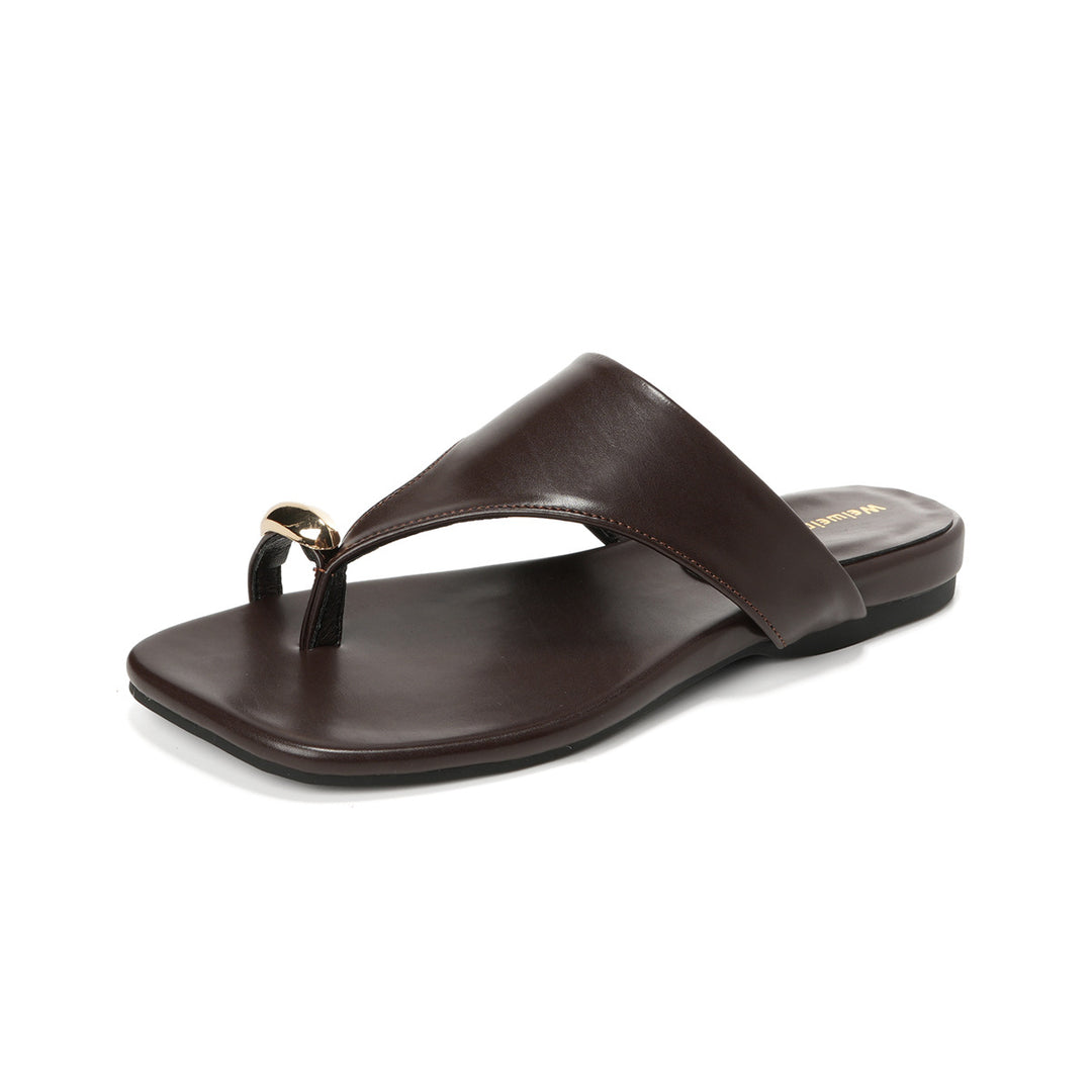 Damen elegante Zehentrenner-Sandalen mit modischem Riemendesign und goldener Applikation R&B