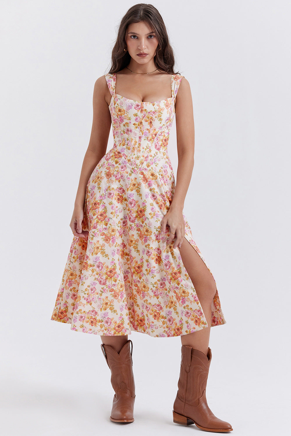 Damen Maxikleid mit floralem Schnitt und schwingendem Rock R&B