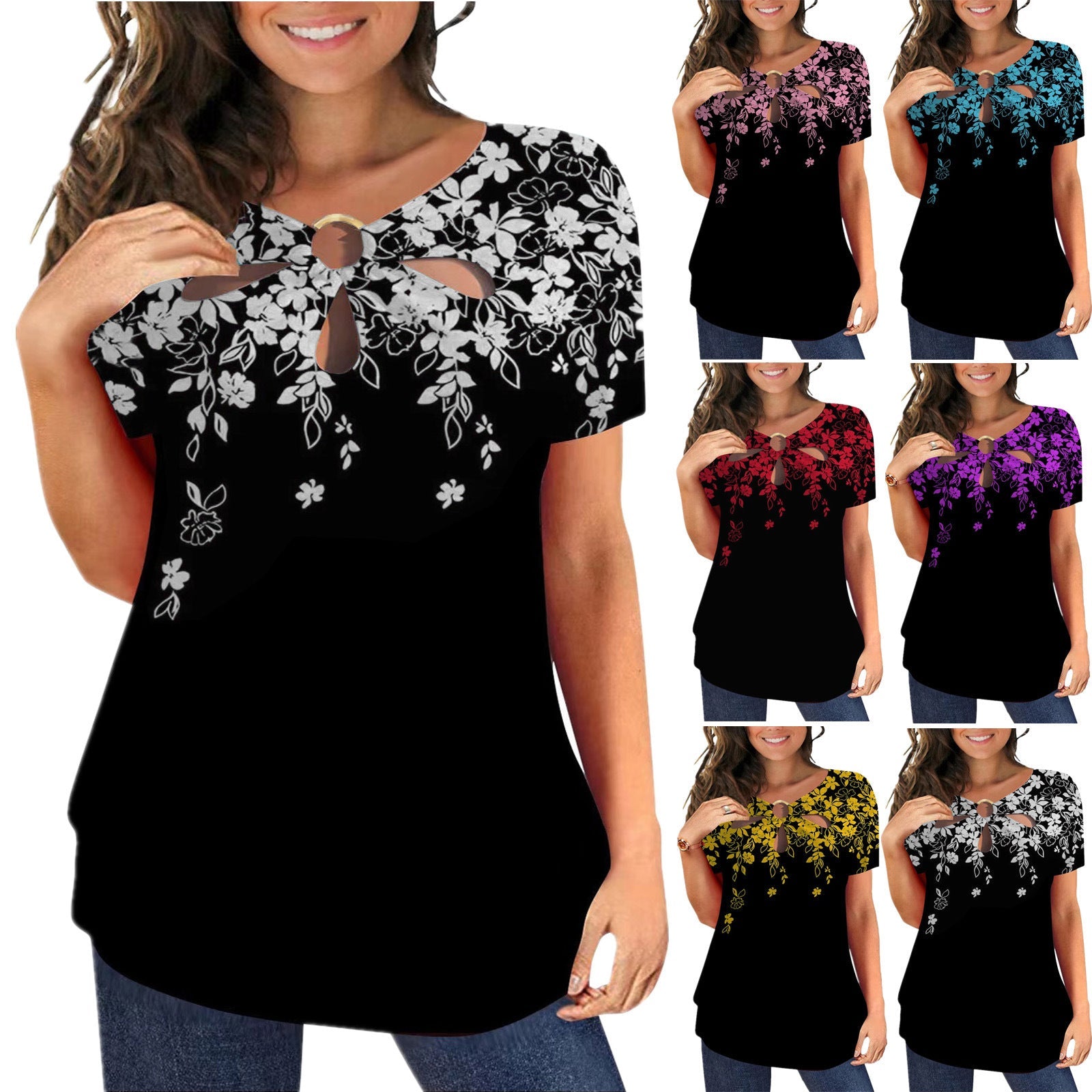 Damen elegantes Oberteil mit floralem Cut-Out-Design und glänzendem Ringeinsatz R&B