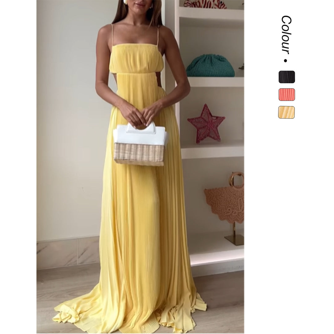Damen Maxi-Kleid mit eleganter Plisseedetails und schmalen Spaghettiträgern R&B