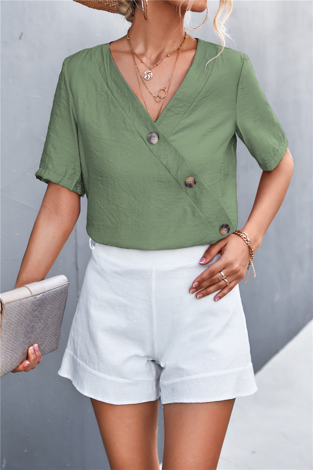 Damen lässige Bluse mit Wickeloptik und Knopfdetails R&B
