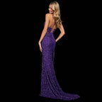Damen Glamouröses Pailletten Abendkleid mit sexy Schlitz und Spaghetti-Trägern R&B