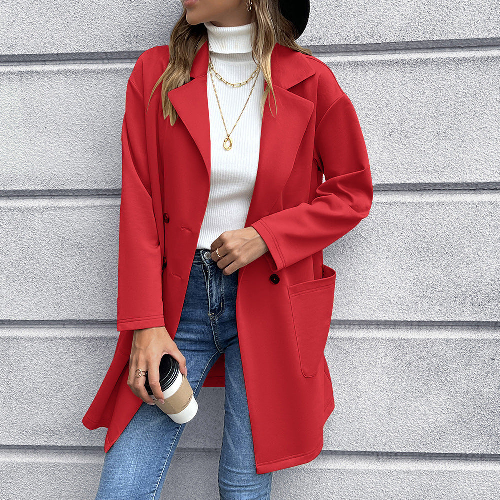 Damen elegante Oversized-Blazerjacke mit doppelter Knopfleiste und praktischen Taschen R&B