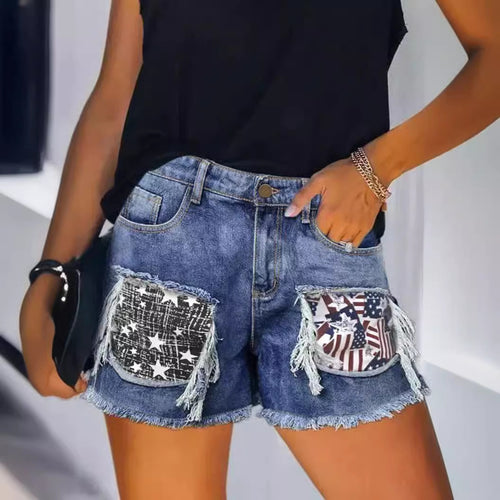 Damen Destroyed Denim-Shorts mit fransigen Taschen und modischen Aufnähern R&B