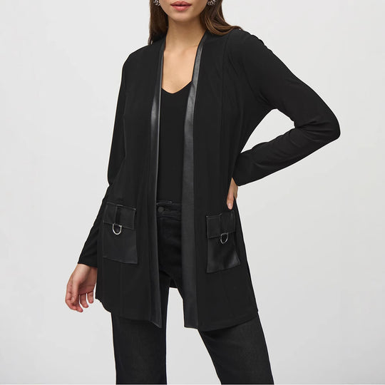 Damen nan offener Jersey-Cardigan mit Lederimitat-Besatz und D-Ring-Taschen R&B