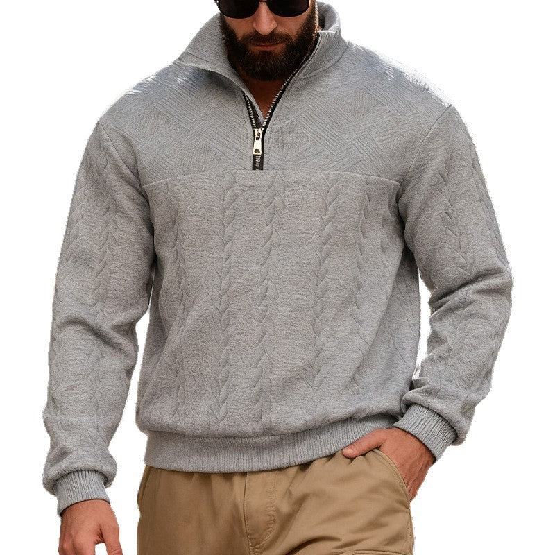 Herren nan strukturiertes Halfzip-Strickpullover mit Zopfmuster und hohem Stehkragen R&B