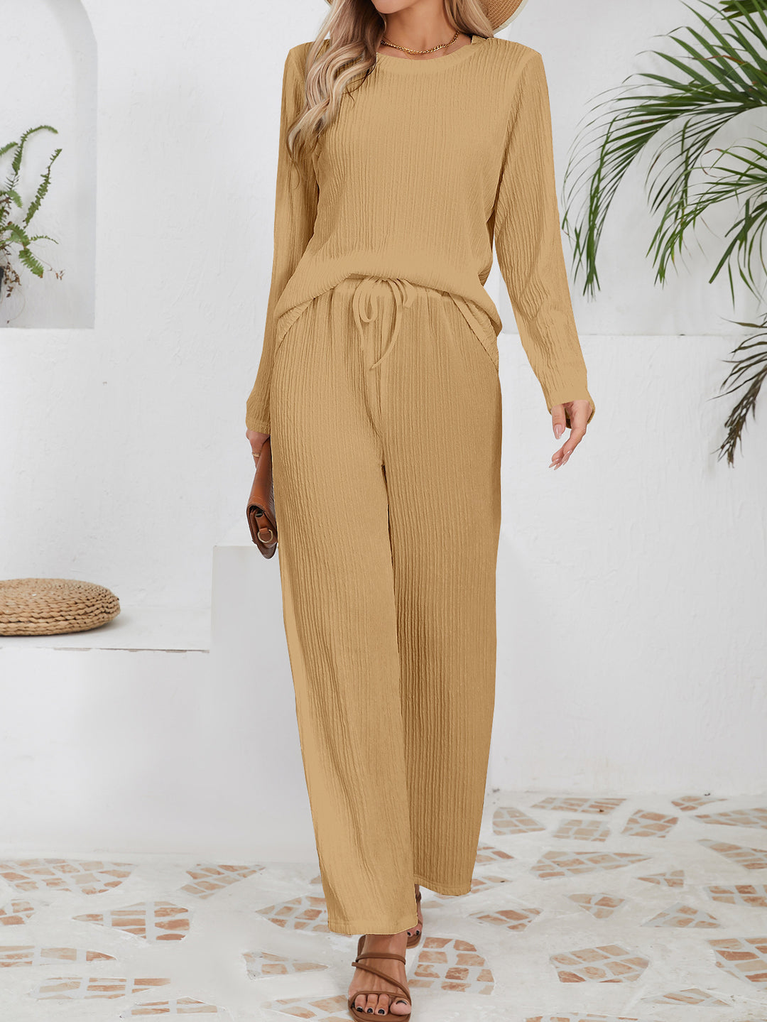 Damen Lässiges Lounge-Set aus leichtem Rippmaterial mit elastischem Bund R&B