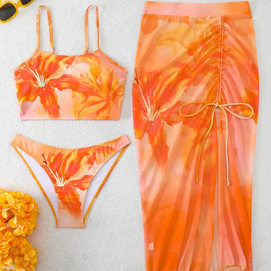 Damen Bikini-Set mit floralem Balconette-Oberteil und transparentem Wickelrock R&B