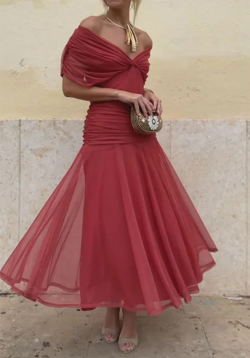 Damen nan fließendes Abendkleid mit transparentem Chiffon-Capelet, V-Ausschnitt und taillierter Drapierung R&B