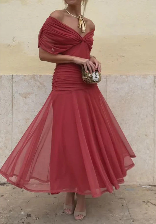 Damen nan fließendes Abendkleid mit transparentem Chiffon-Capelet, V-Ausschnitt und taillierter Drapierung R&B