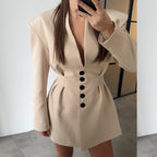 Damen trendiges Blazer-Kleid mit strukturierten Schultern und tiefem V-Ausschnitt R&B