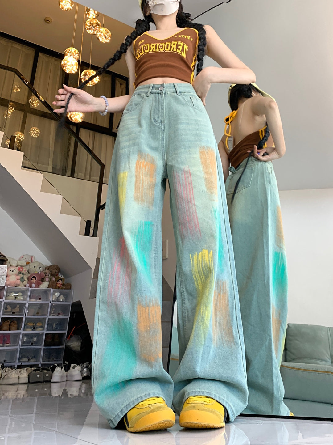 Damen Weit geschnittene Jeans mit modischem Farbspiel und hoher Taille R&B