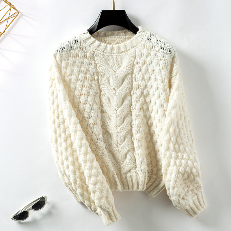 Damen gemütlicher Strickpullover mit strukturiertem Zopfmuster und lässigem Schnitt R&B