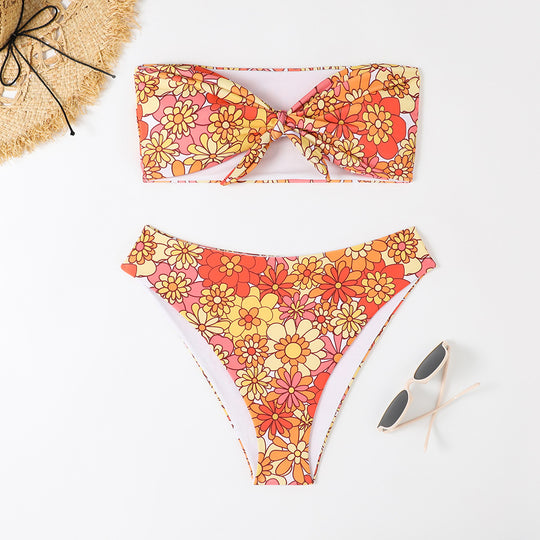 Damen Bandeau Bikini mit modischem Blumenmuster und verspieltem Knotendetail R&B