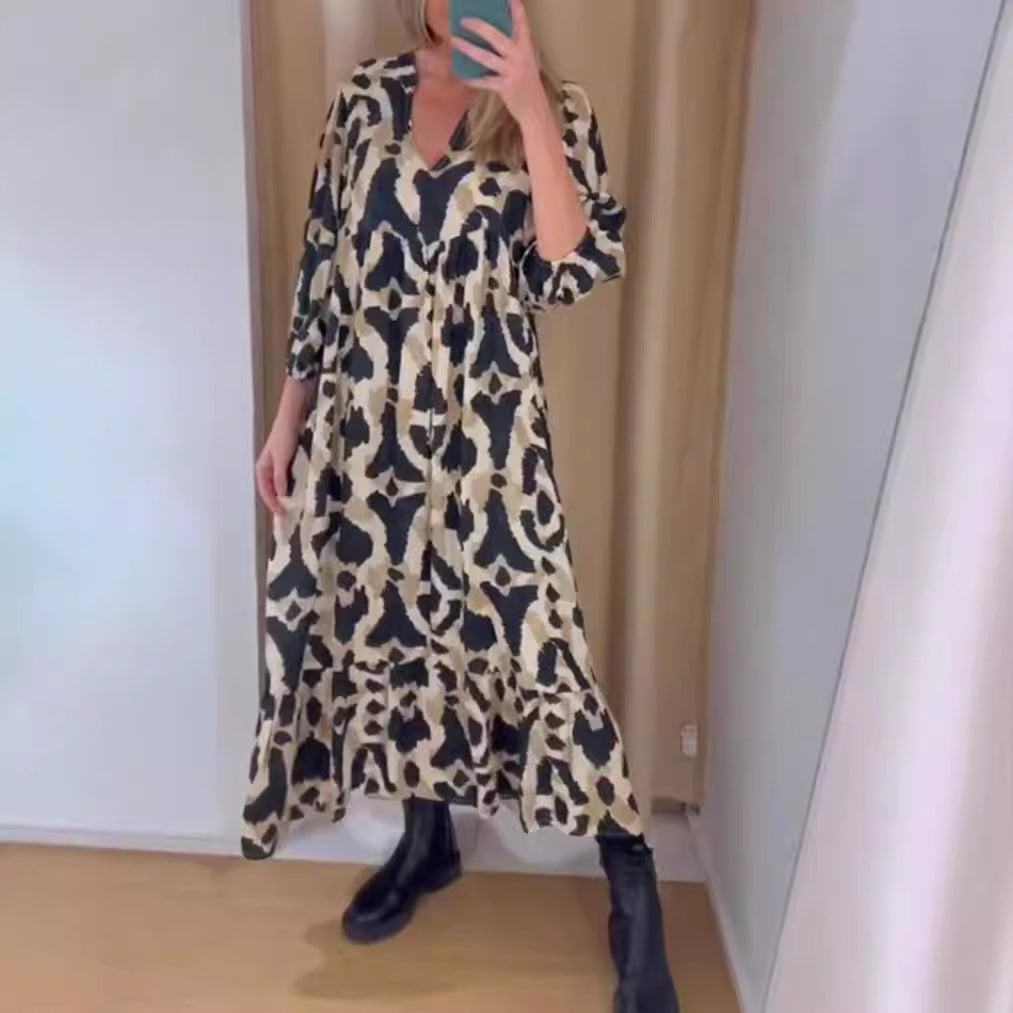 Damen nan weites Stufenmaxikleid mit V-Ausschnitt geraffter Brustpasse und Dreiviertelärmeln R&B
