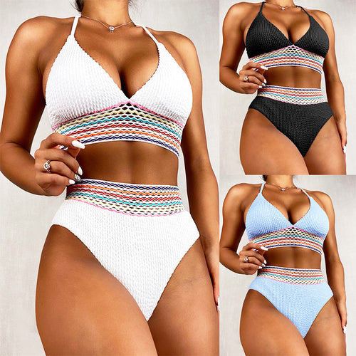 Damen Bikiniset mit hochgeschnittenem Höschen und buntem Wellenmuster R&B