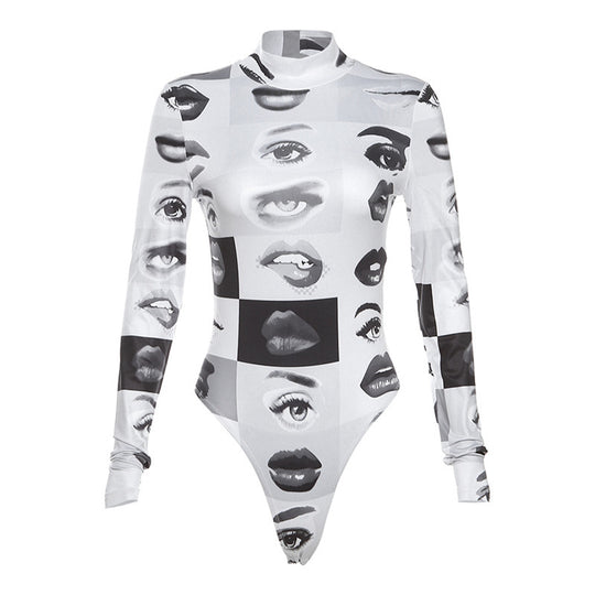 Damen Langarm-Bodysuit mit kreativem Fotodruck R&B