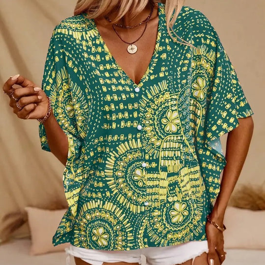 Damen Strandbluse im lässigen Boho-Stil mit bunten Mustern und voluminösen Ärmeln R&B