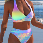 Damen hochgeschnittener Bikini mit modernem Wickeldesign und schimmerndem Leopardenmuster