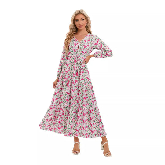 Damen Maxikleid mit gebundenem V-Ausschnitt und voluminösen Ärmeln R&B