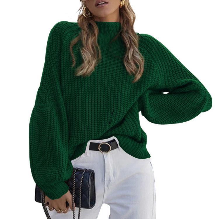 Damen Grobstrickpullover mit hohem Kragen und weitem Schnitt R&B