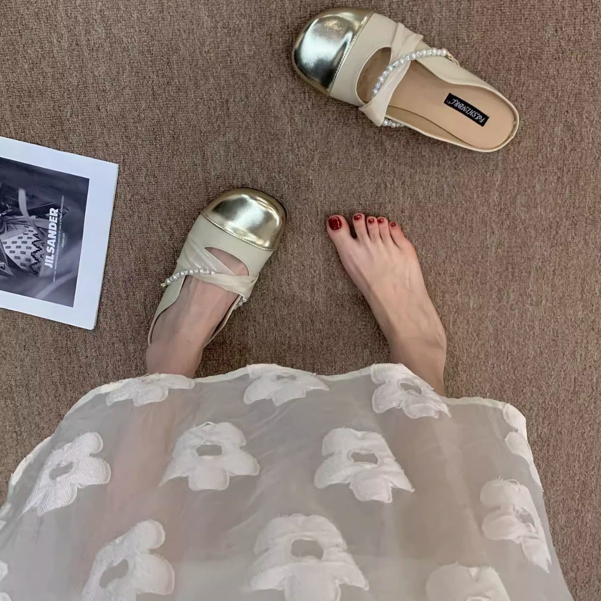 Damen Modische Ballerina-Pantoletten mit eleganter Perlenverzierung R&B