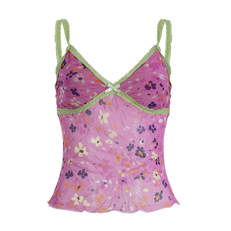 Damen gerafftes Spaghetti-Top mit floralem Muster und feinen Spitzenakzenten R&B