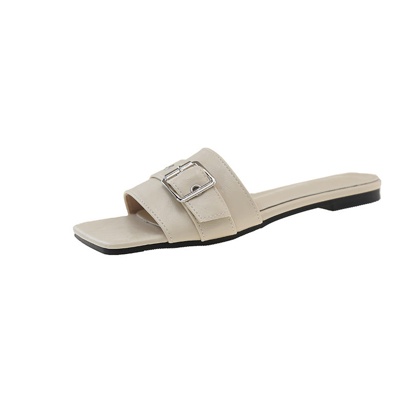 Damen modische Slipper Sandalen mit breitem Riemen und eleganter Schnalle R&B