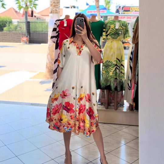 Damen nan leichtes Hemdblusenkleid mit floralem Bordürenprint, offenem V‑Ausschnitt und Einschubtaschen R&B