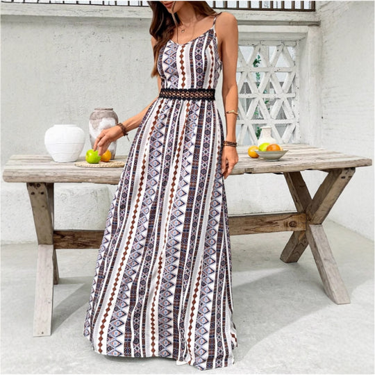 Damen Maxikleid mit bohemian Muster und raffiniertem elastischem Taillenband R&B